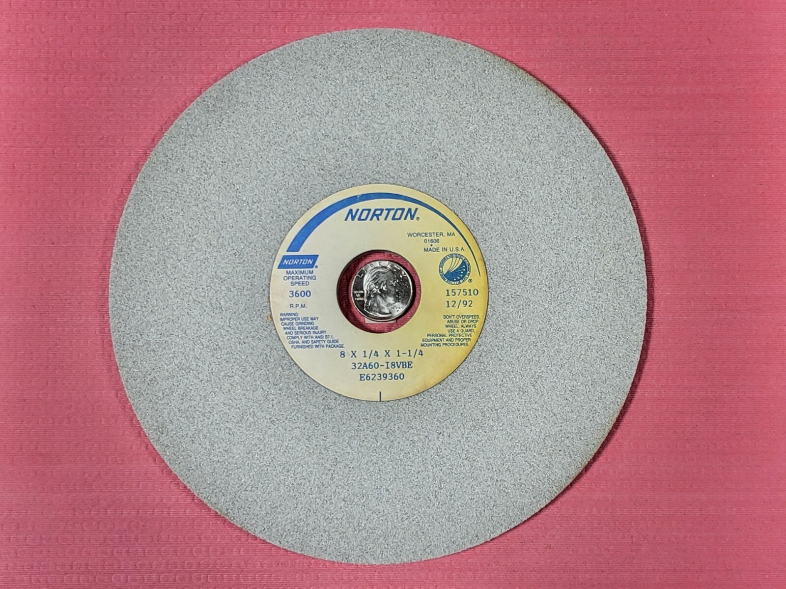 NORTON 32A60-I8VBE 8" x 1/4" x 1-1/4" Grinding Wheel 3600 RPM 60 Grit Abrasive