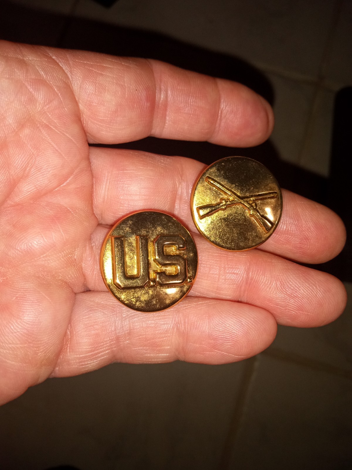 WWII Army INFANTRY  AND US  Collar Insignia Pair Enlisted CB WW2