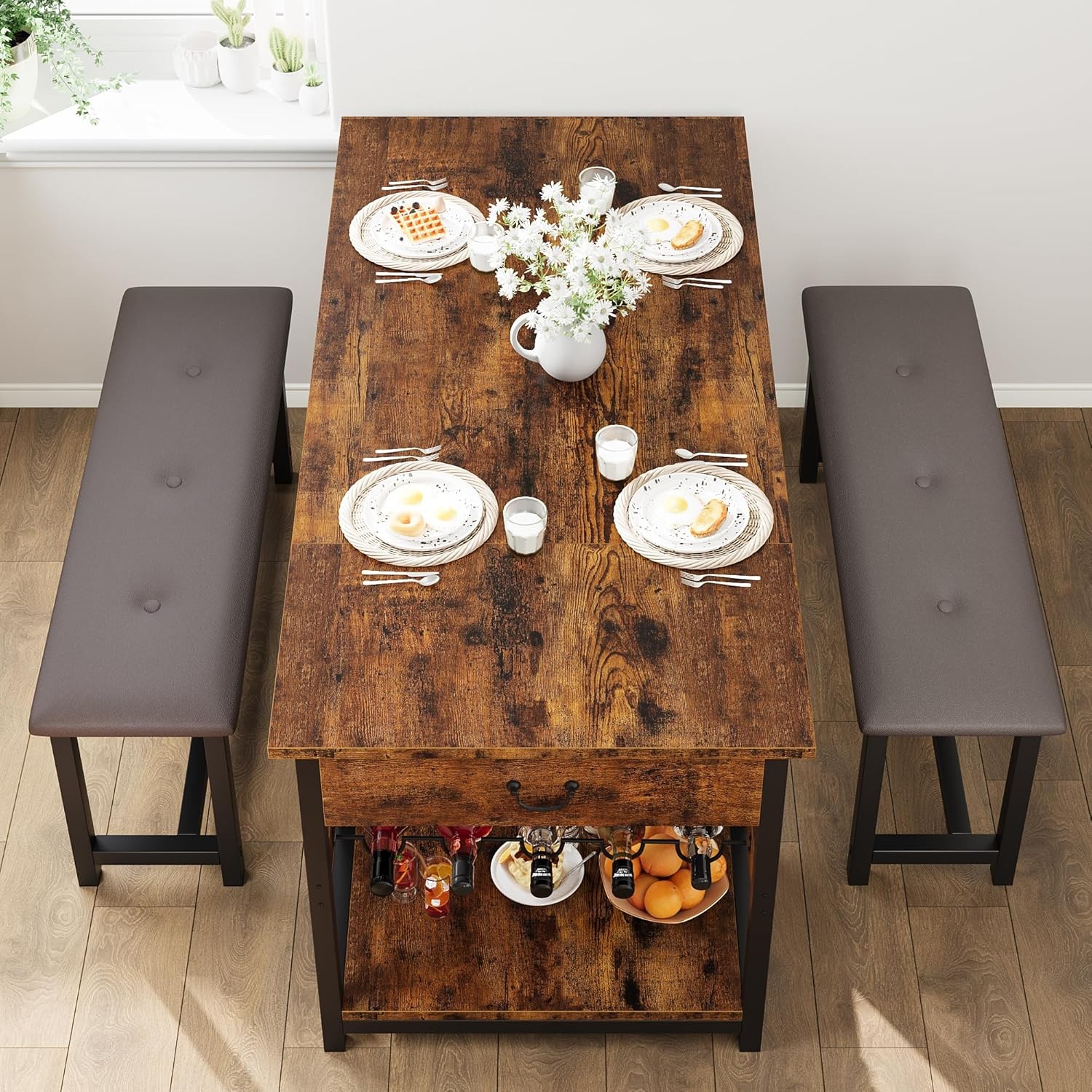 Compact Dining Table Set for 4 with Upholstered Benches Drawers Wine Rack