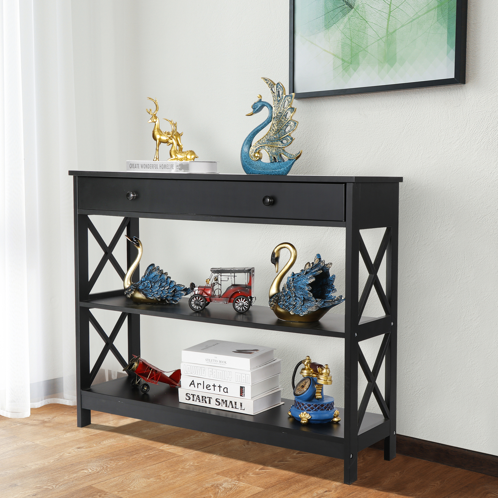 Wood Console Table 3 Tier Narrow Entryway End Sofa Table w/Storage Drawer Black