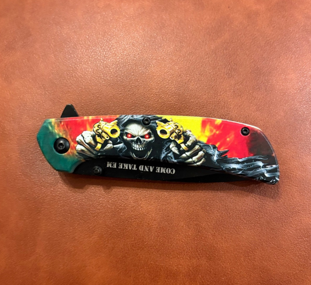 Spring-Assist Folding Knife COME AND TAKE EM Skull Reaper Black Blade Blue