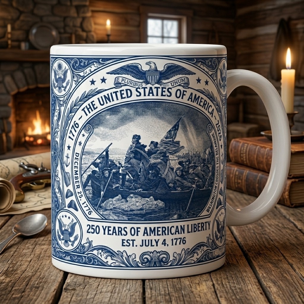 Washington Crossing Delaware Mug 250th Anniversary USA 1776 Patriotic Cup 11oz