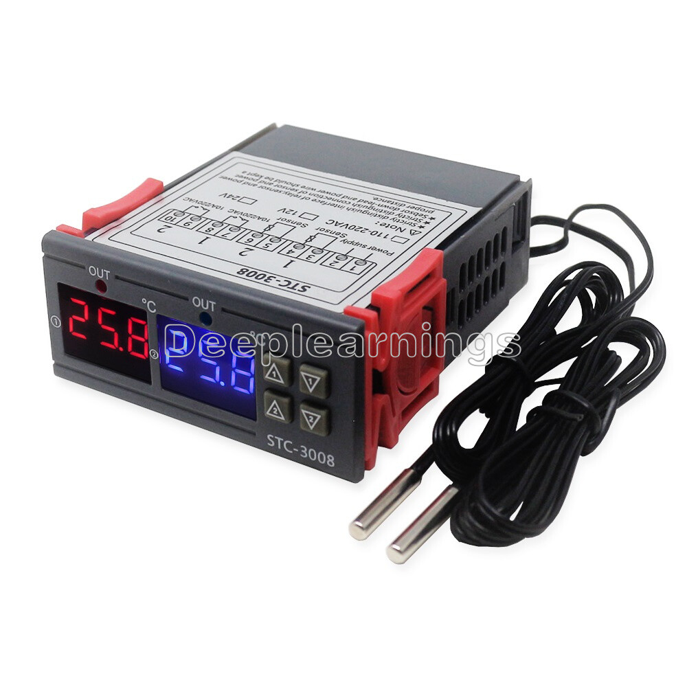 DC 12V Digital STC-3008 LED Display Dual Temperature Thermostat Controller Probe