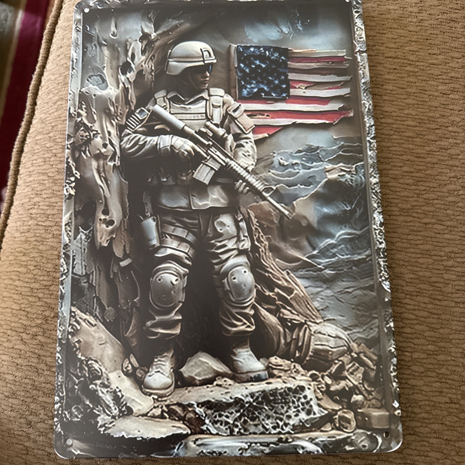 Check Out This Patriotic Metal Tin Wall Art With A Soldier In Battle 8”x12”