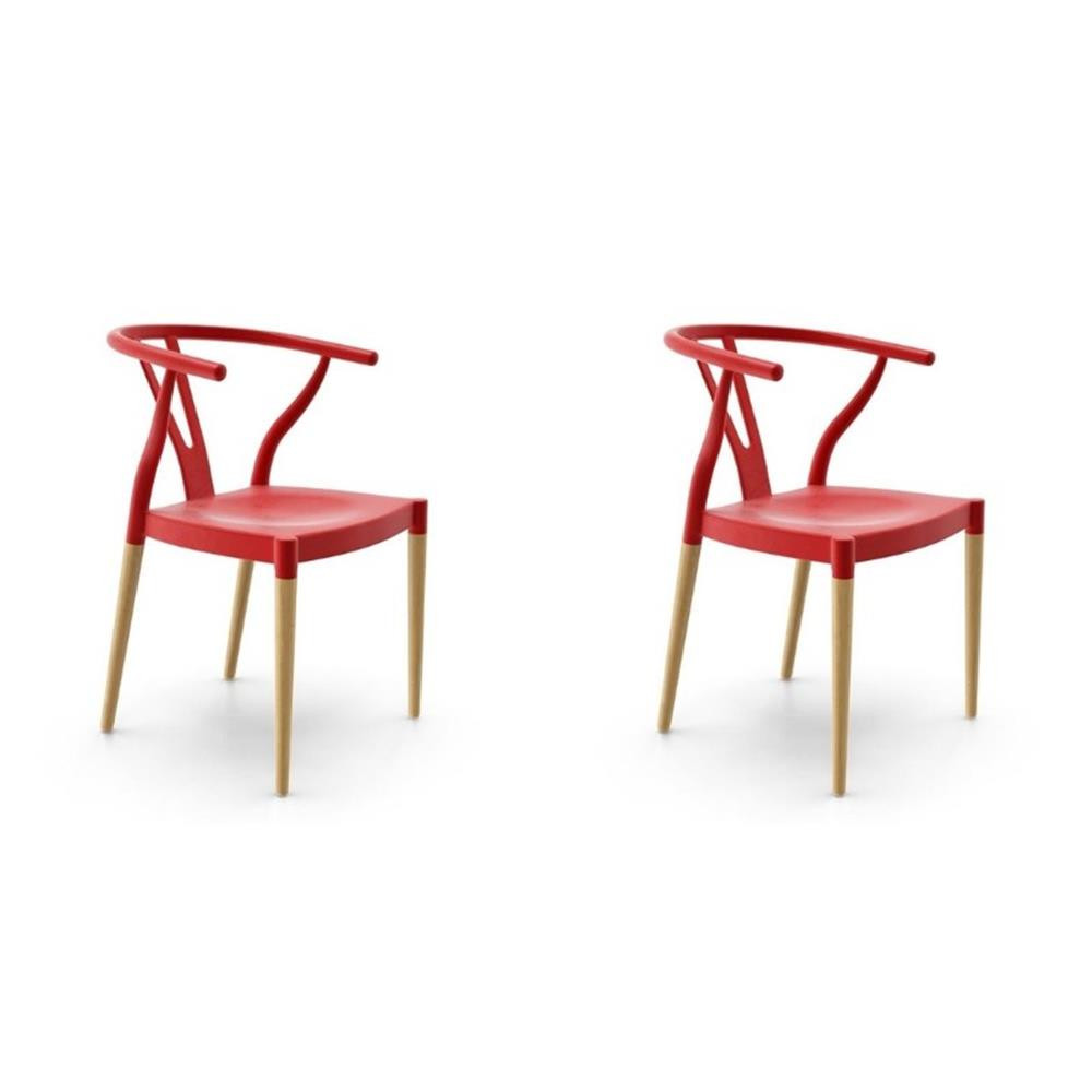 Pemberly Row Dining Chair with Natural Wood Legs in Red (Set of 2)