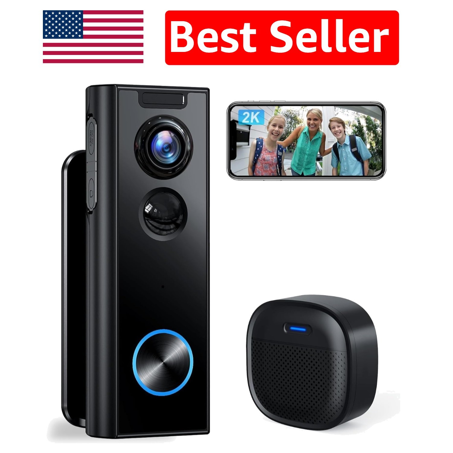 Smart 2K Doorbell Camera with Chime, 2-Way Audio & Instant Alerts - Waterproof