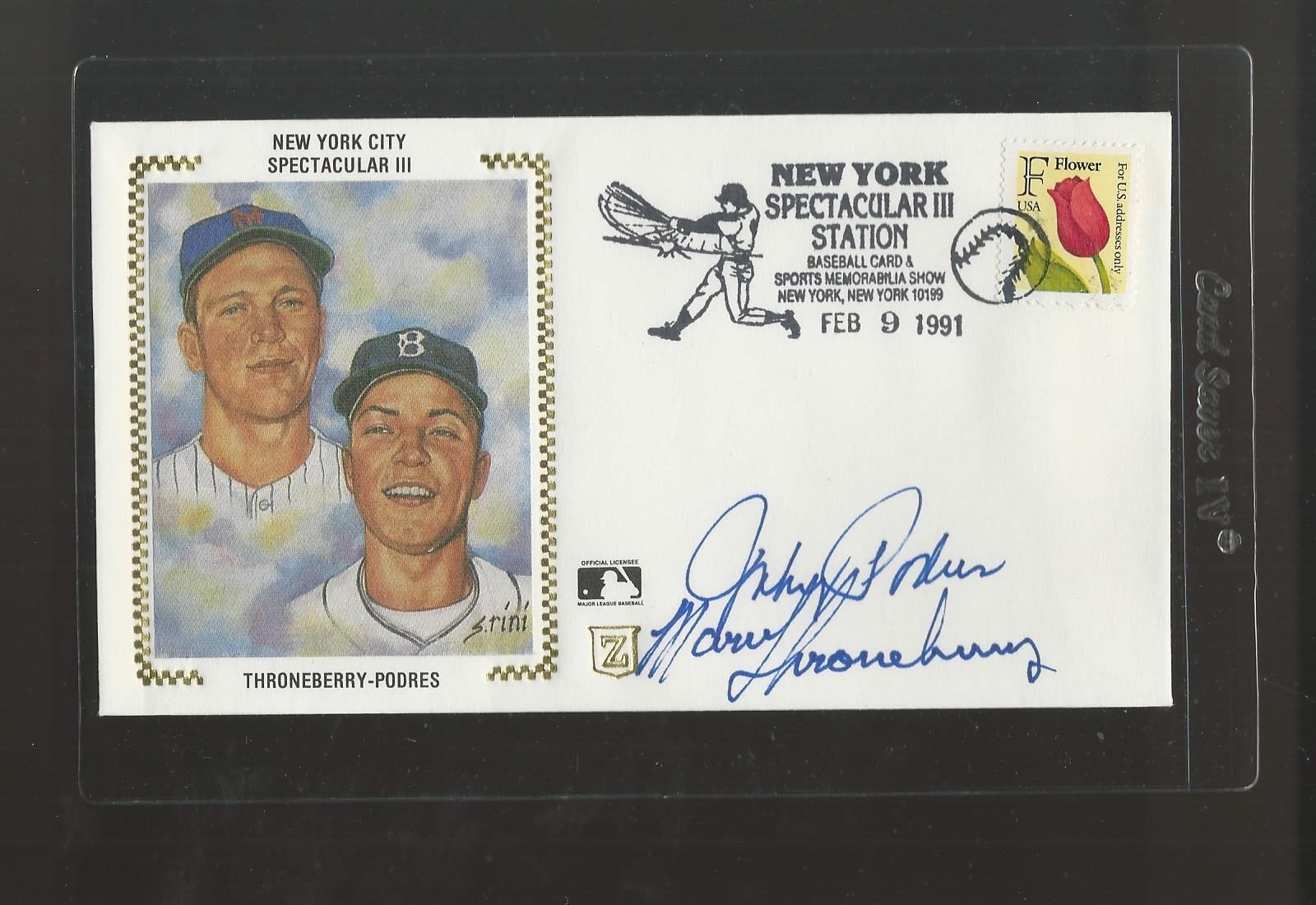 Johnny Podres & Marv Throneberry Signed Baseball 1991 First Day Cover Autograph