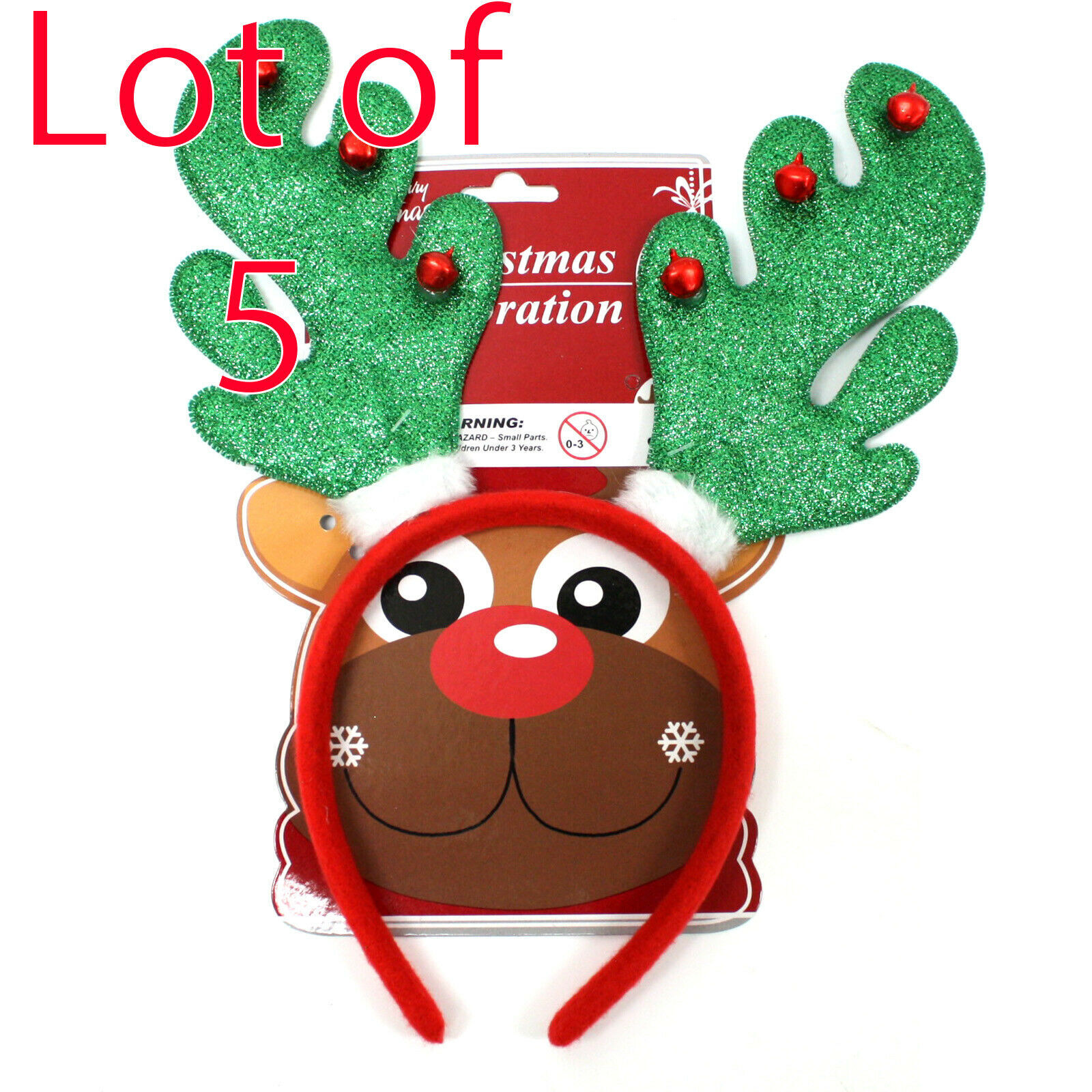 Lot of 5 Green Glitter Reindeer Headband Bells Christmas Holiday Antler
