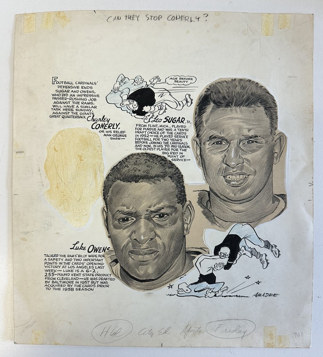 1960 Chicago Cardinals Original 12x14” Football Artwork w/ Luke Owens Leo Sugar