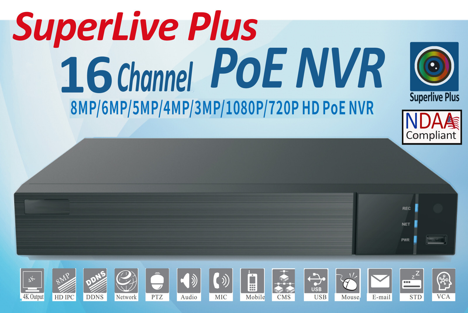 SuperLive Plus 8MP 4K 16CH PoE NVR Supports 16CH IP Cameras with Selectable HDD