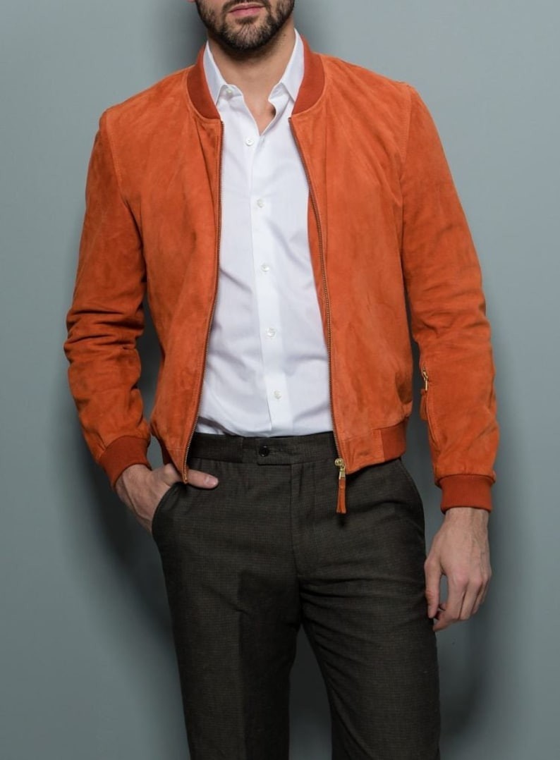 Men's Orange Real Suede Leather Bomber Jacket Classic Fit Fashion Coat