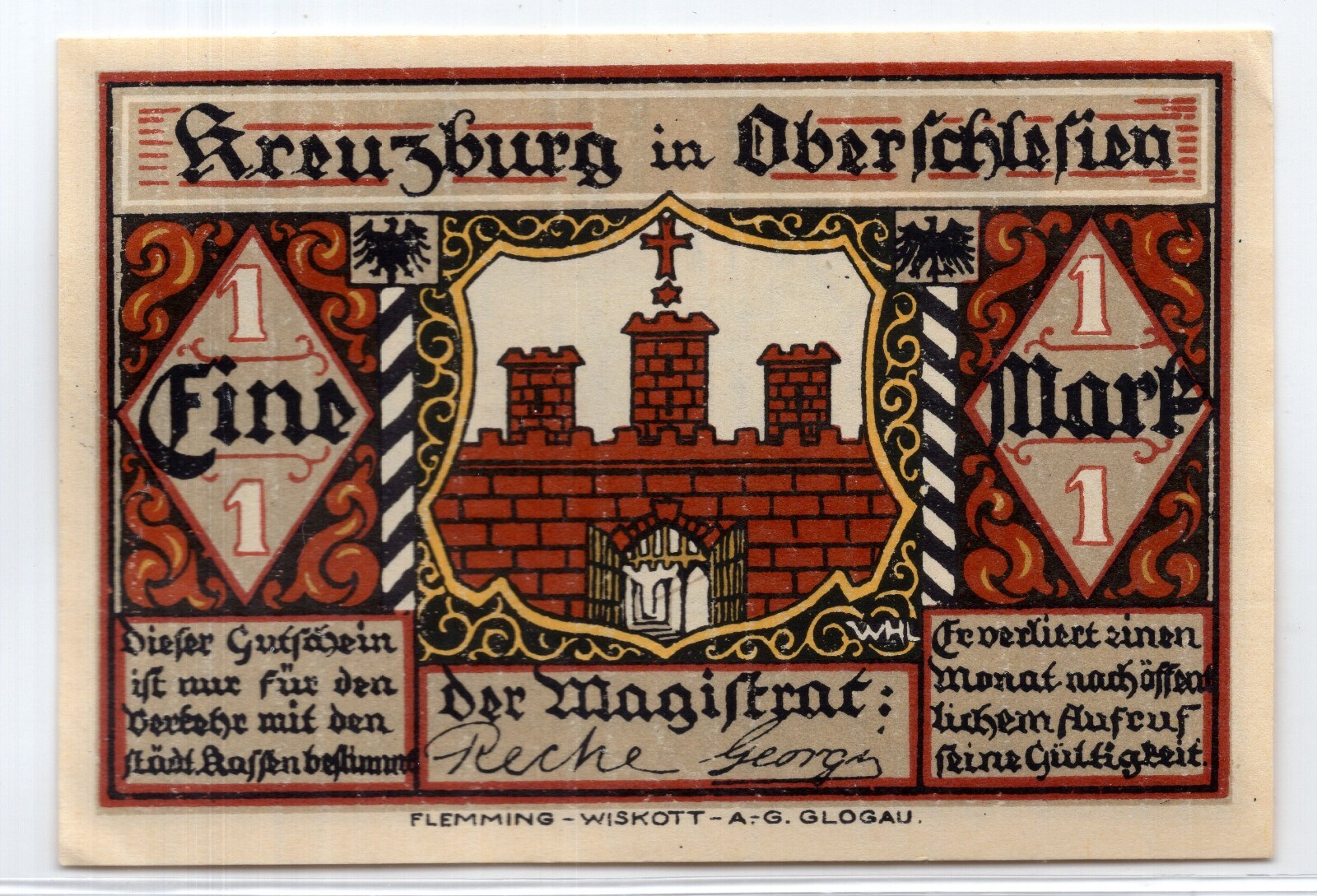1921 Germany Kreuzburg Notgeld 1 Mark Note (NG1182)