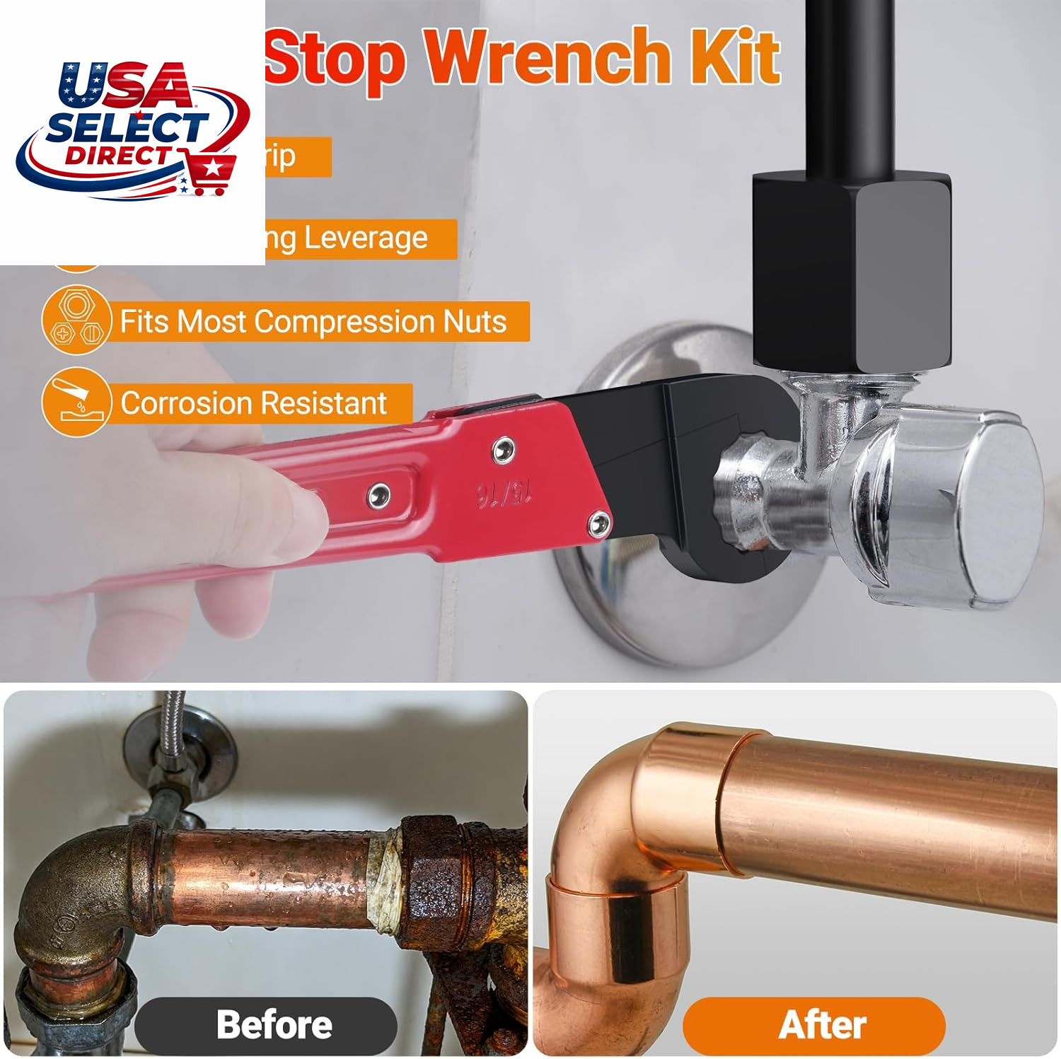 9PCS Angle Stop Wrench Kit with Sandpapers & Storage Bag Plumbing Tools