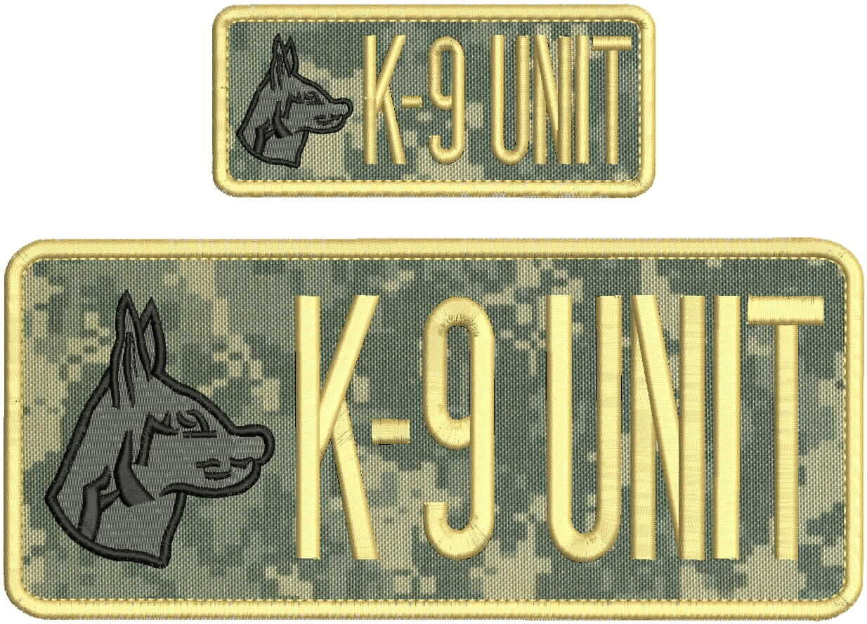 K-9UNIT EMBROIDERY PATCH 4X10 AND 2X5 HOOK ON BACK TAN ON ACU CAMO