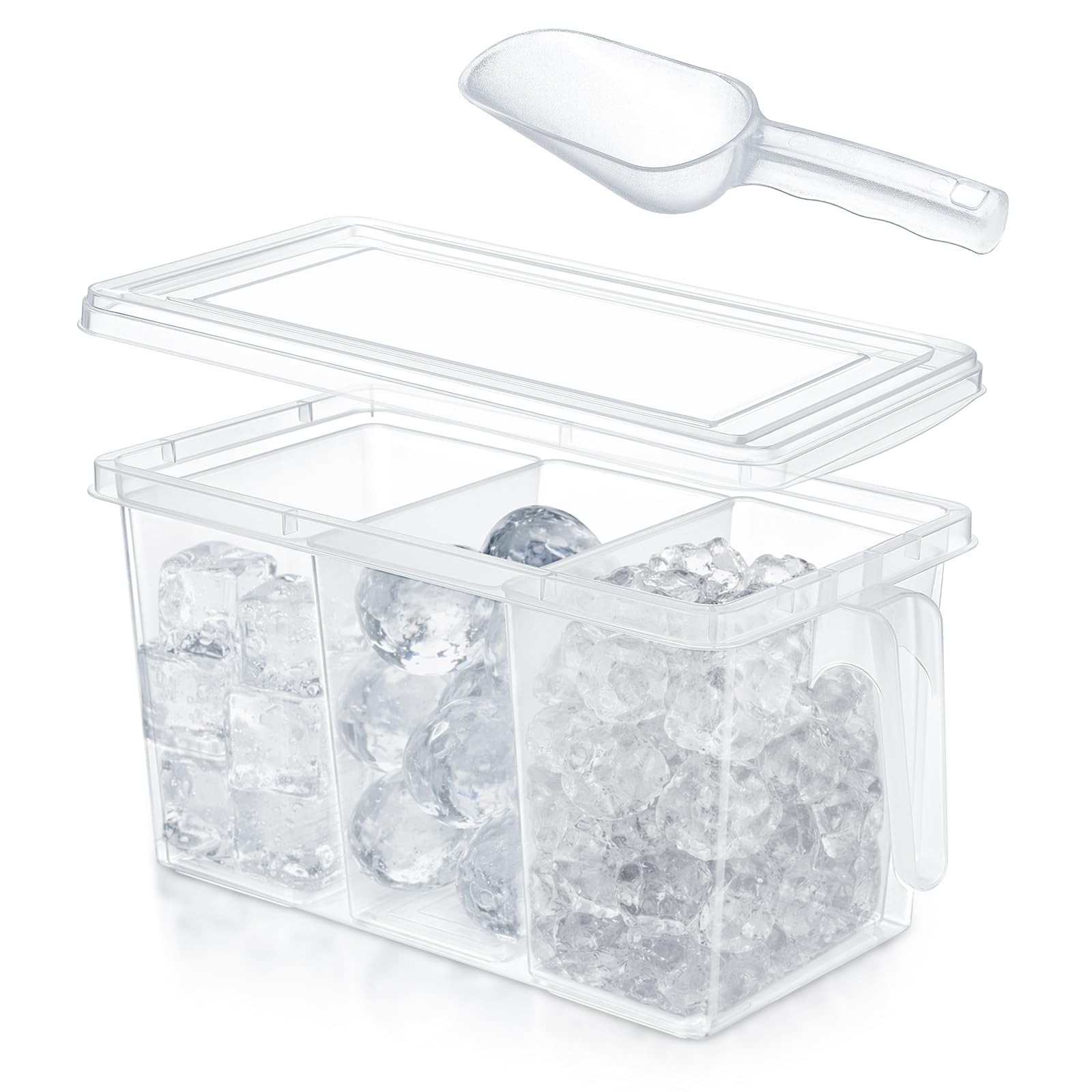3 Divided Ice Bin for Freezer Bucket Ice Container for Freezer with Lid and S...