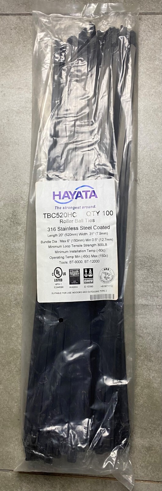 HAYATA TBC520HC 316SS Roller Ball Coated Cable Tie, 520mmX 7.9mm 100 Pc