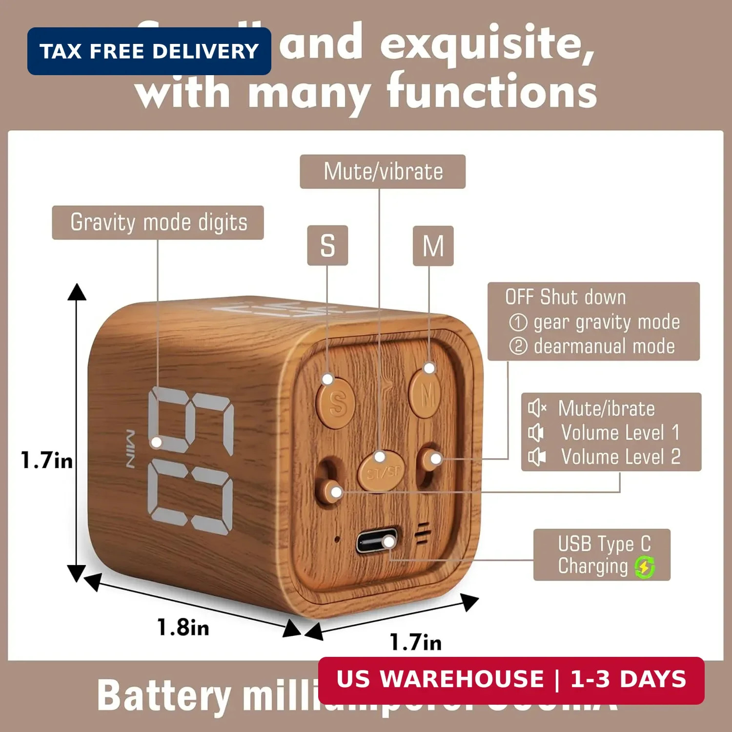 VEWINGL Cube Productivity Timer, 5/10/30/60 Min Presets + Custom Countdown, Sile