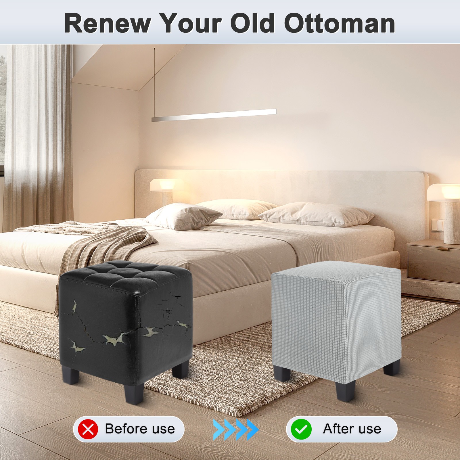 1-Pack 13"x13"x15" Square Ottoman Slipcovers Footstool Protector Light Gray