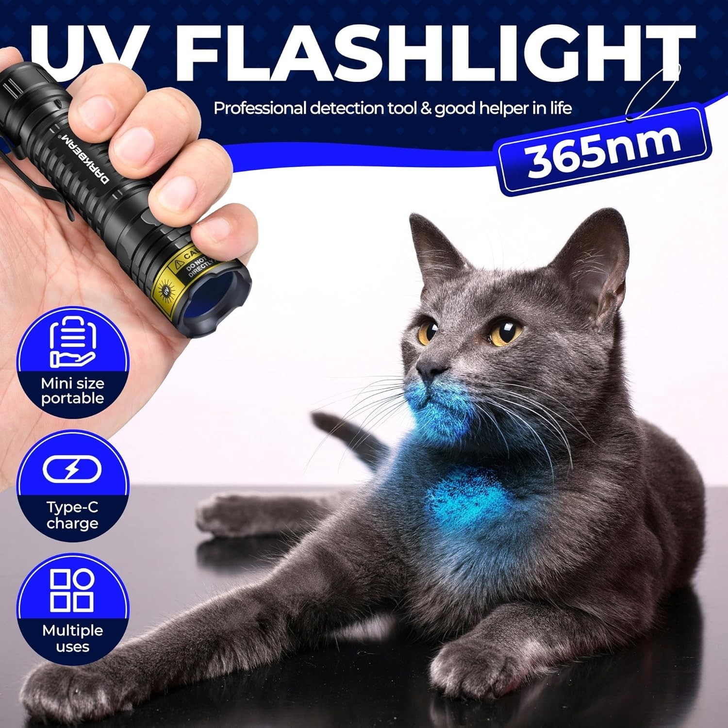 UV Black Light Flashlight Mini 365Nm - Rechargeable USB Strong Ultraviolet LED
