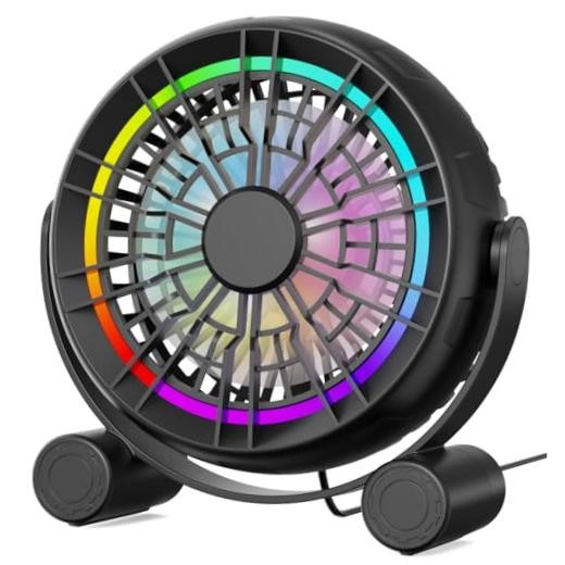 USB RGB Desk Fan - 3 Speeds Quiet Portable Table Fan, 8 Color LED Lights, 360°