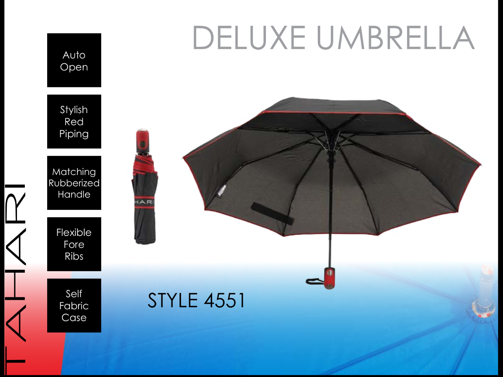 TAHARI 4551 Auto Open Umbrella Deluxe, BLACK W/RED TRIM Rubber grip handle