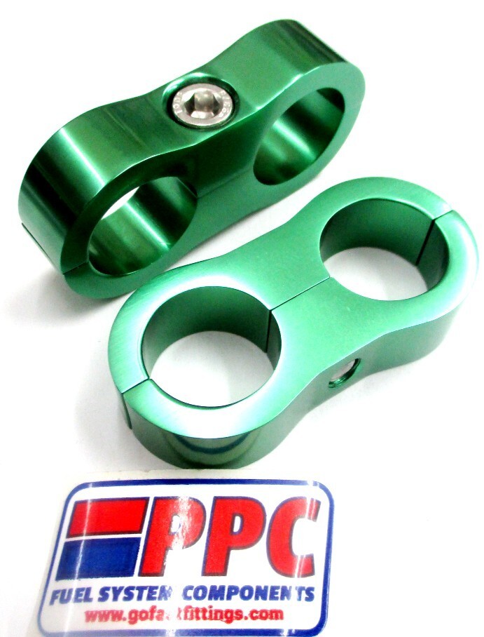ALUMINUM BILLET DUAL HOSE SEPARATOR Show Polished Green Anodized 3/4" i.d.2 PK