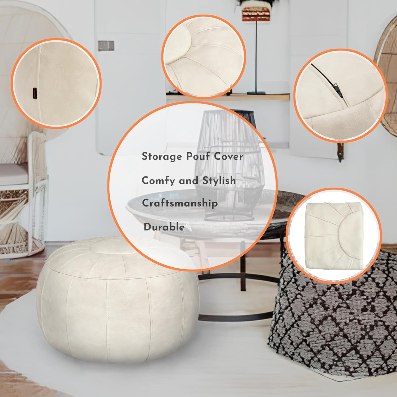 Unstuffed Moroccan Storage Pouf Foot Stool Ottoman Seat Handmade Faux Leather Be