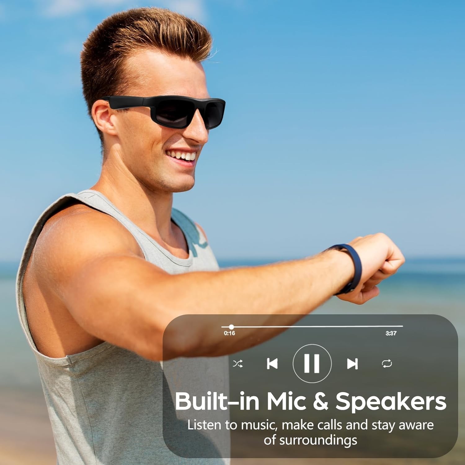 Smart Glasses, Polarized Bluetooth Sunglasses with Speaker, Voice Assistant