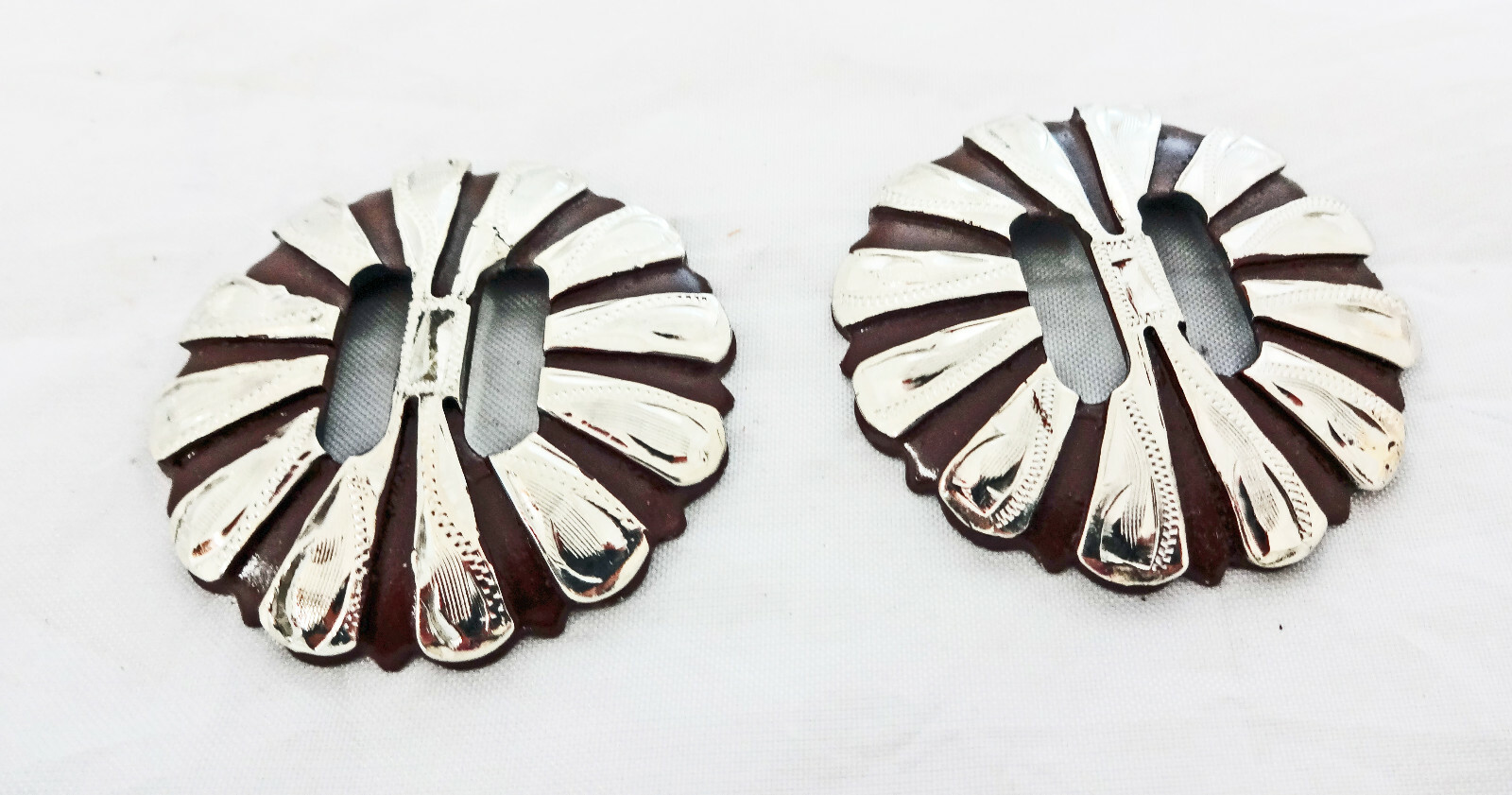 Circus Denton Slotted Pair Conchos Brown Iron Silver Overlay Horse Tack Sizes