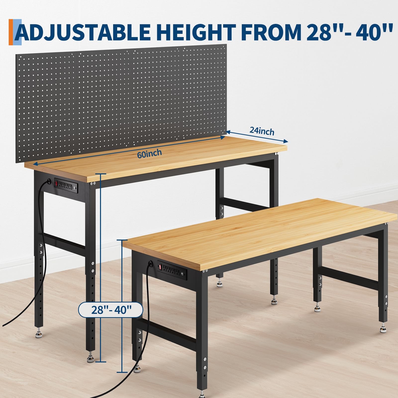 Heavy Duty 60in Workbench Adjustable Height Pegboard Table with Power Outlets