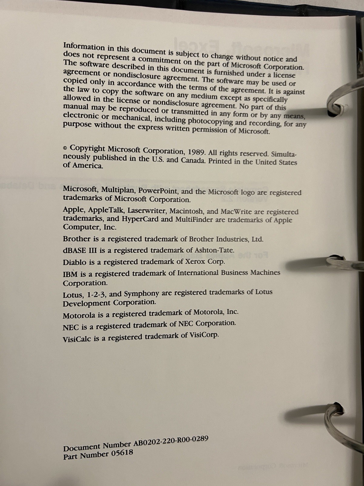 Microsoft Excel Reference for Apple Macintosh 1989