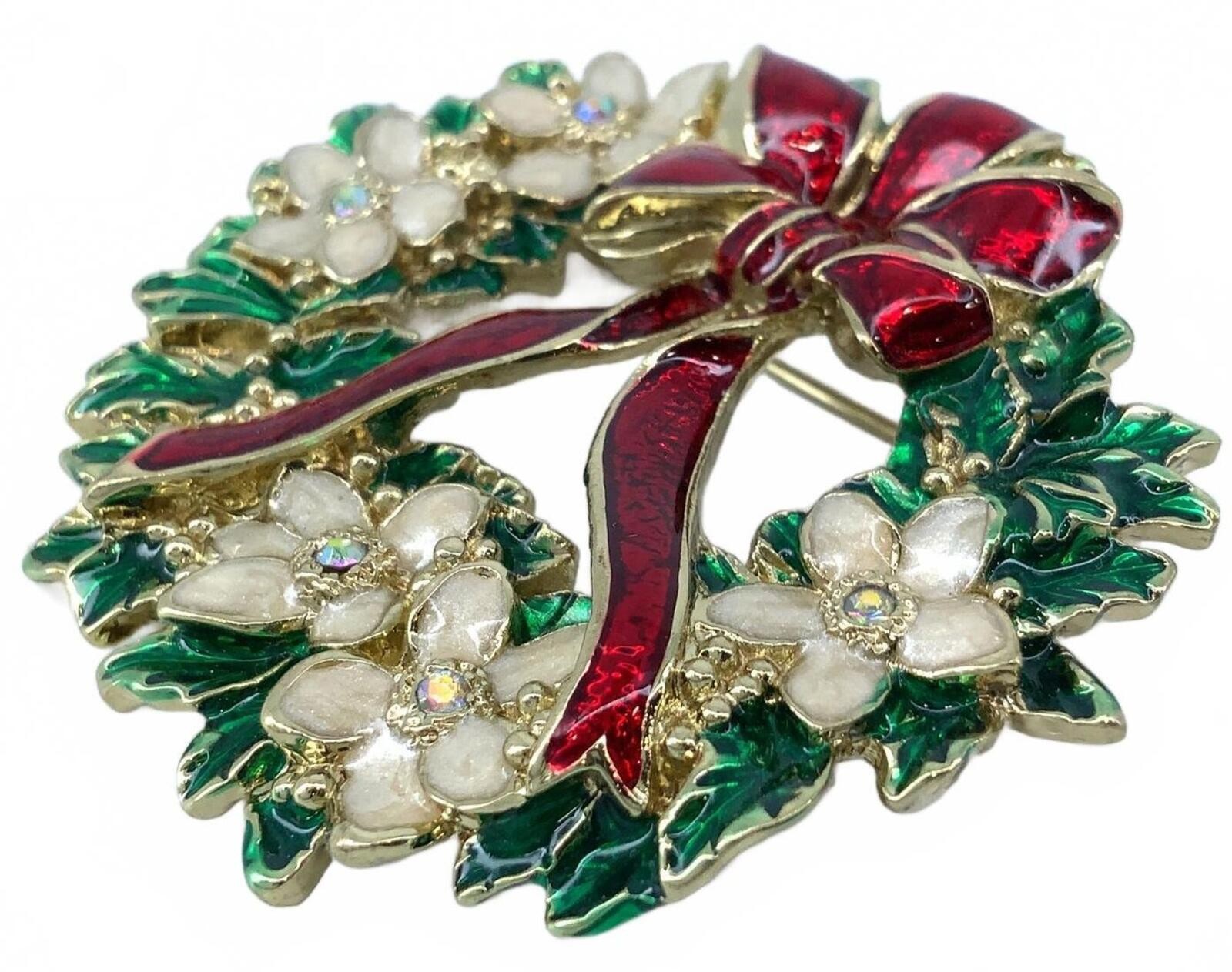 Vintage Enamel Christmas Wreath Brooch Goldtone Red Bow White Floral Pin Small