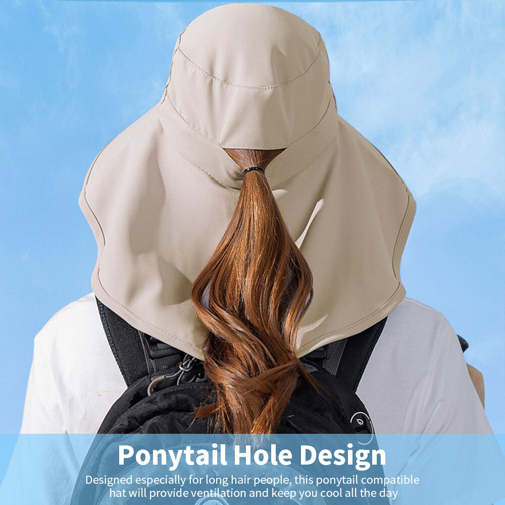 Summer Wide Brim Ponytail Sun Hat With Neck Flap For Women UV Protection Outdoor