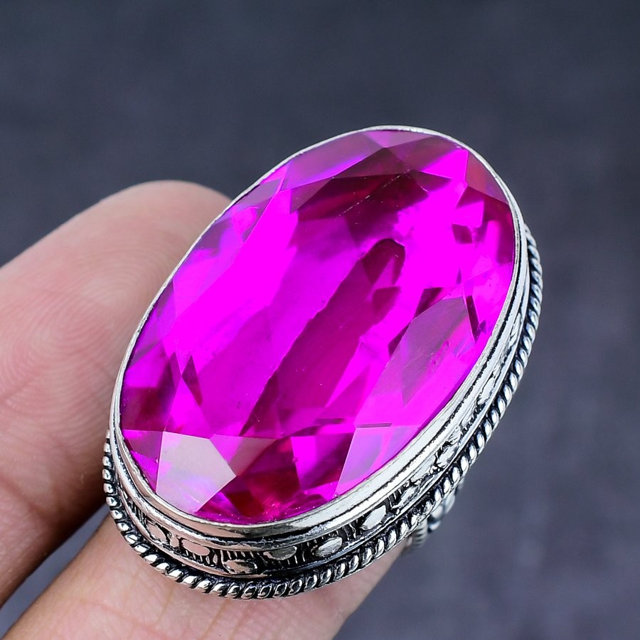 Pink Rubillite Gemstone Handmade 925 Steling Silver Jewelry Ring Size 8 e965