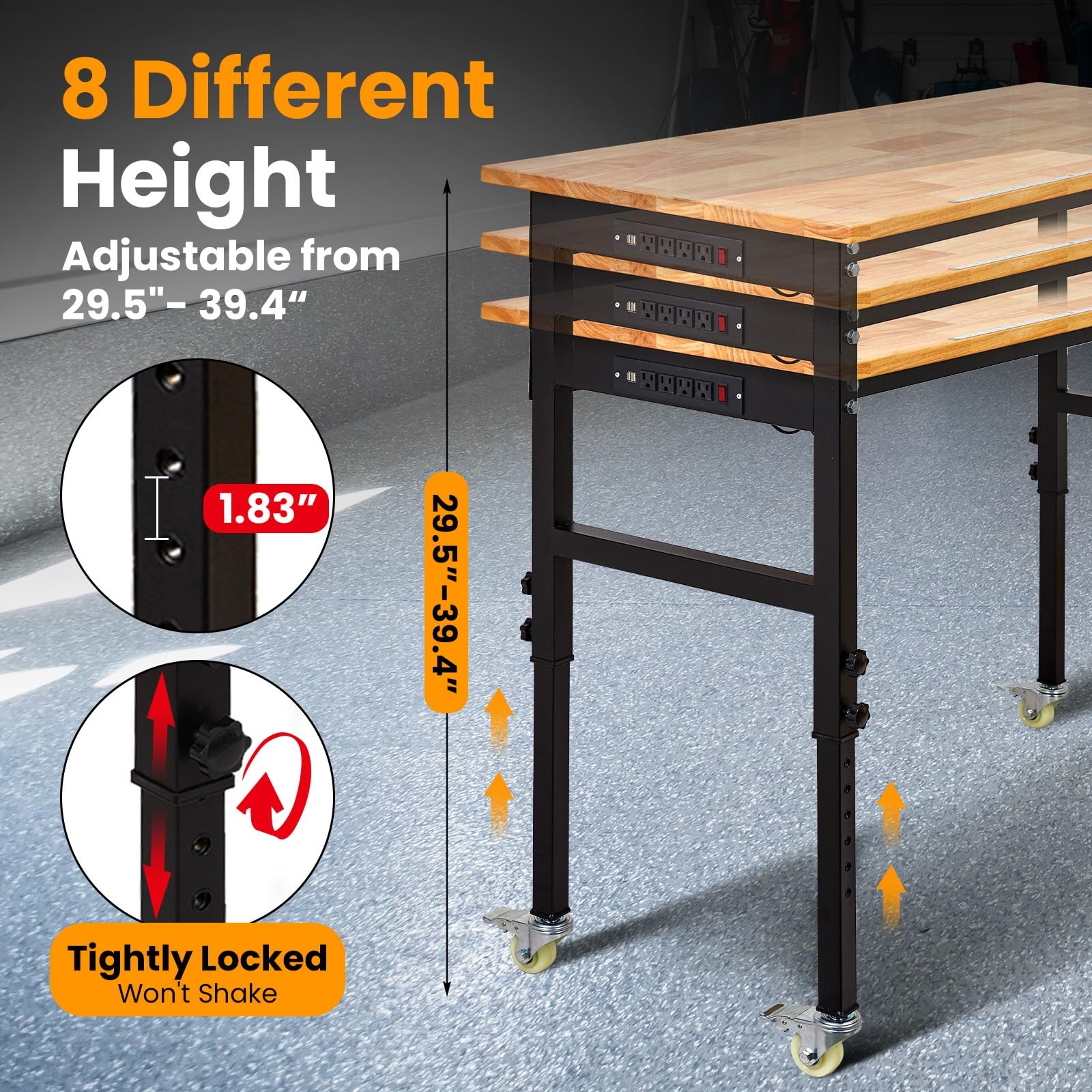 48" Adjustable Workbench w/ Power Outlet, Garage Work Table w/ Wheels & Pegboard