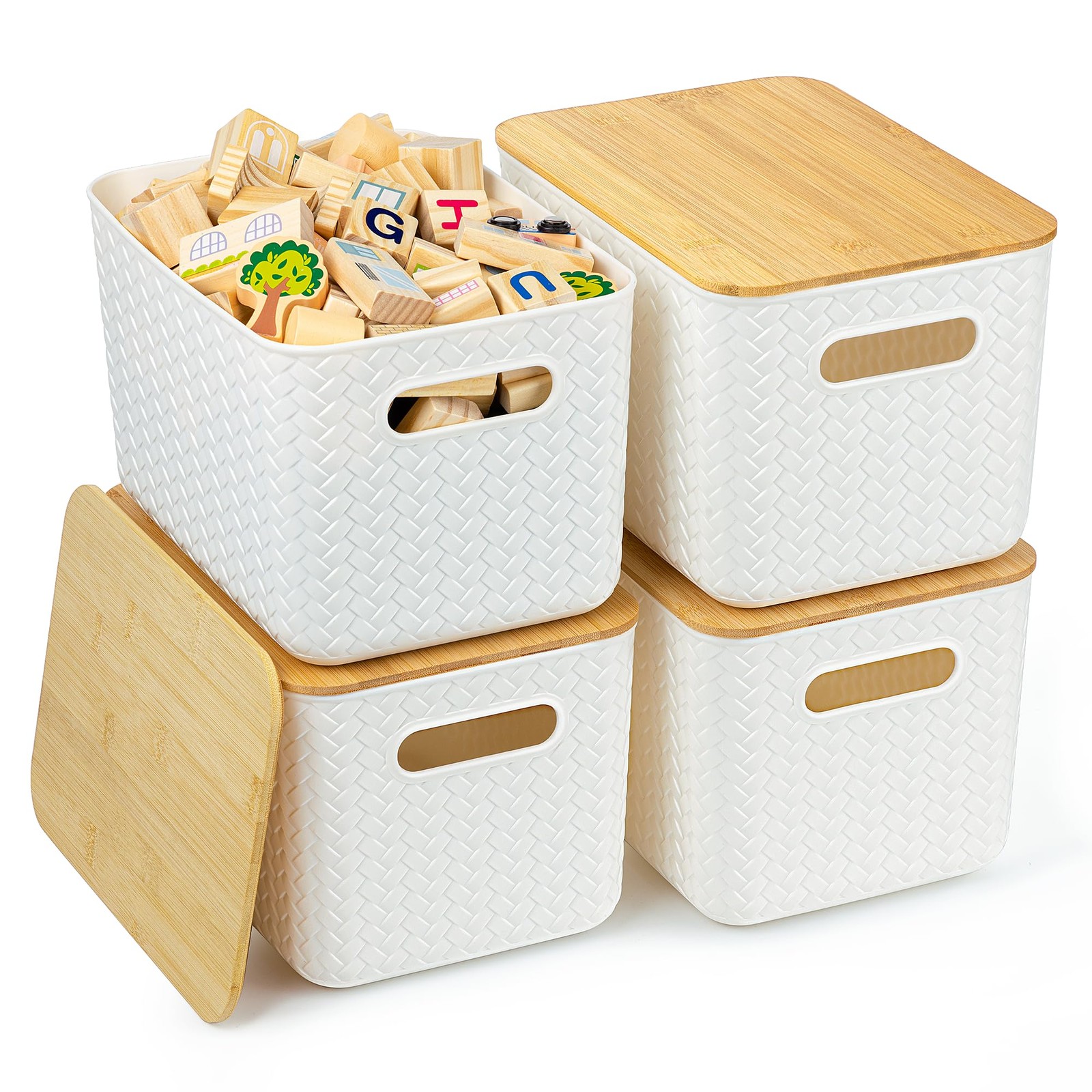 4 Packs Storage Bins with Bamboo Lids - Plastic Storage Containers w/Lids, White