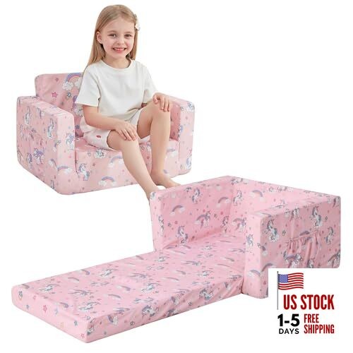 Toddler Couch, 2-in-1 Soft Kids Couch Bed Fold Out, Toddler Chairs Pink Unicorn