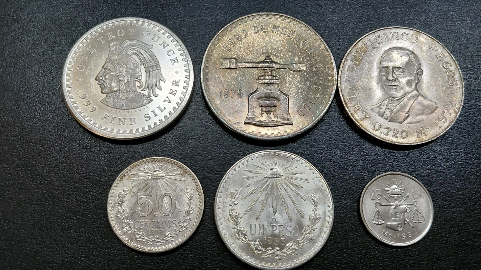5 MEXICO SILVER COINS & 1 OUNCE ROUND. 1919 50 CENTAVOS , 1933 PESO , 1979 ONZA