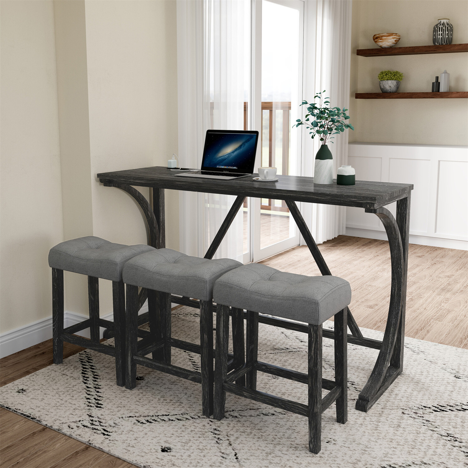 4 Piece Bar Table Set Counter Height Kitchen Dining Table with 3 Bar Stools