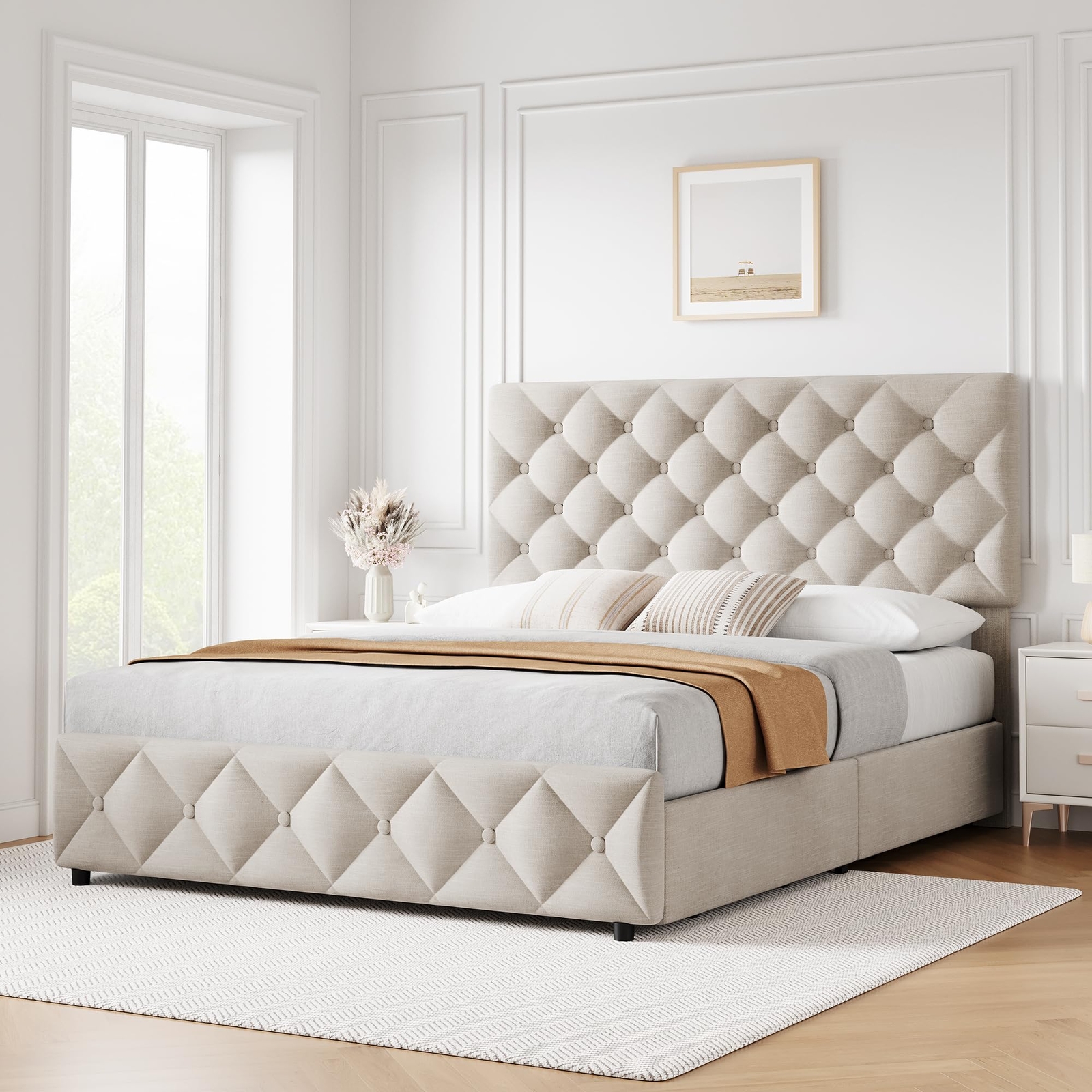 Full Size Upholstered Platform Bed Frame with 4 Drawers, Adjustable Headboard