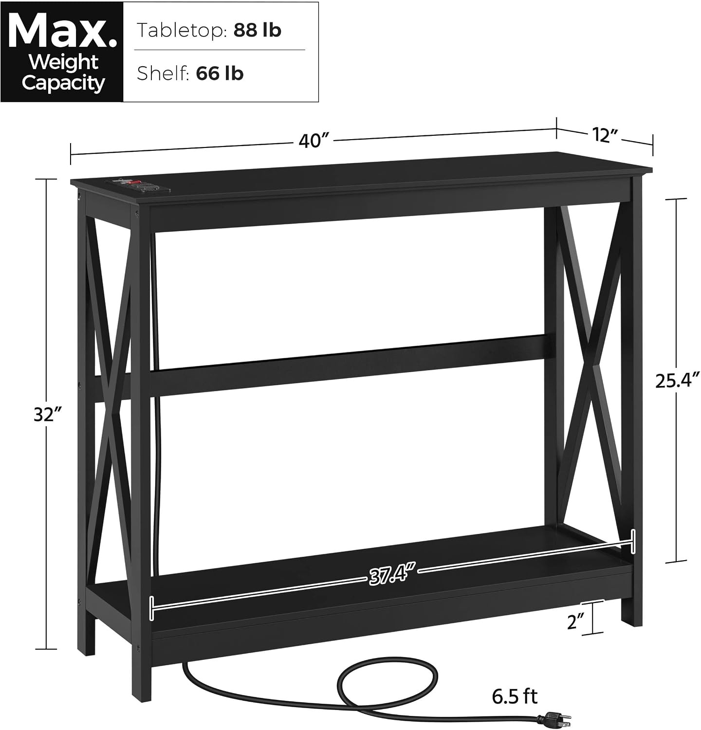 40" Narrow Entryway Console Table with 2 Outlets, Black X-Frame | Buil