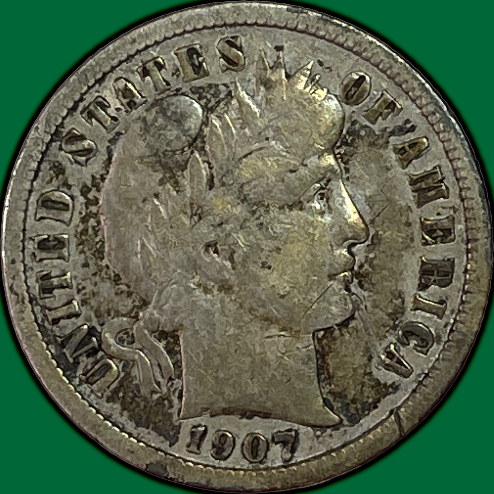1907-S Barber Dime Very Fine VF Coin, Scratch #36606