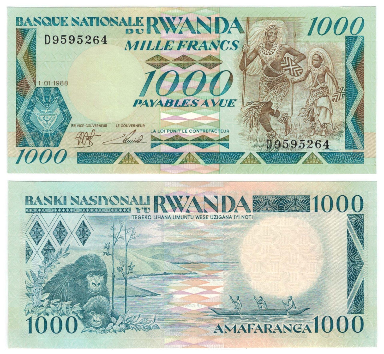 Rwanda 1000 Francs (1988) - Watusis/Gorilla/p-21a, B120a UNC
