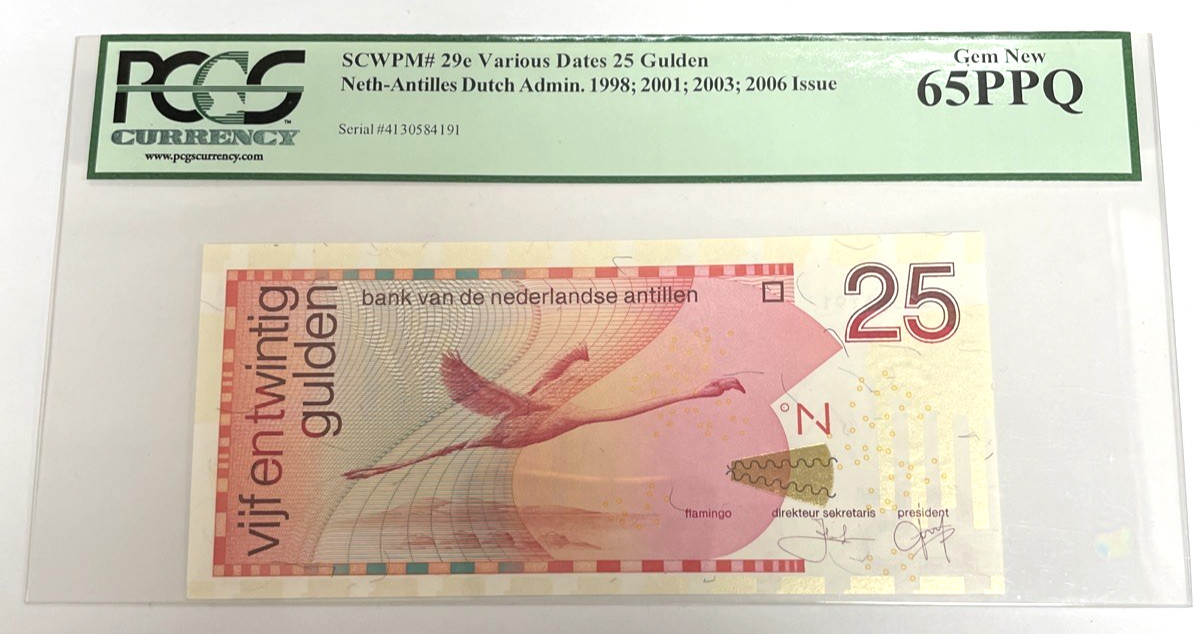1998 25 GULDEN NETHERLANDS NETH ANTILLES FLAMINGO DUTCH ADMIN PCGS 65PPQ