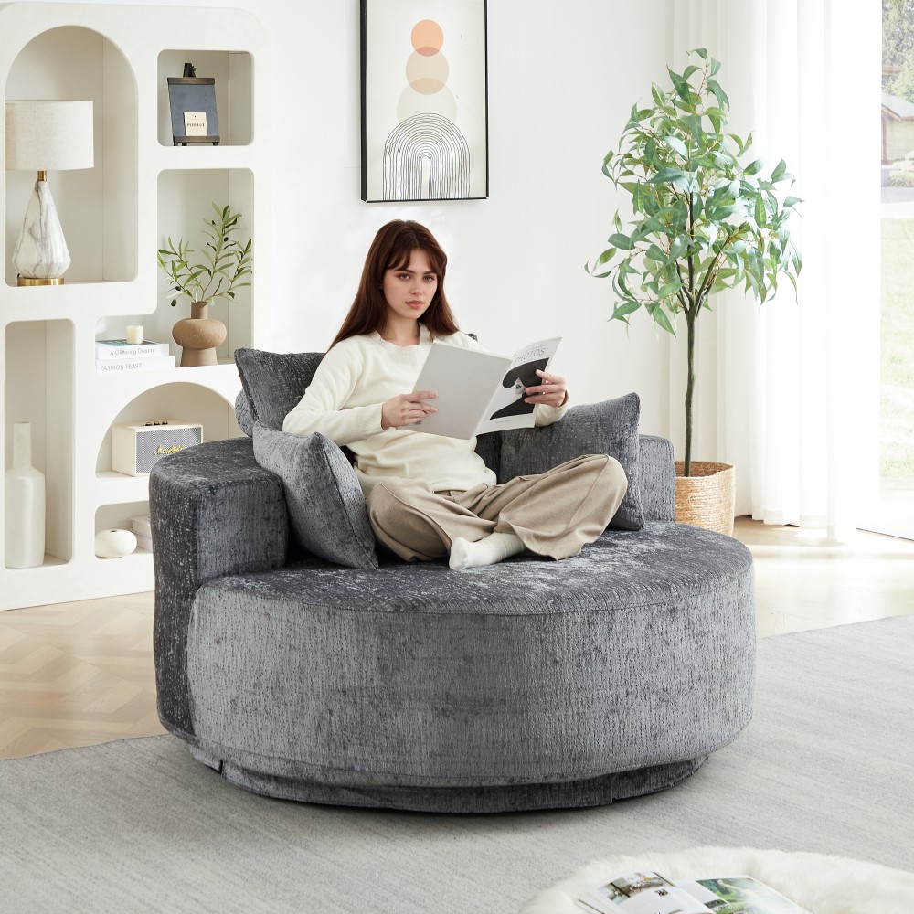 Chenille Foam Swivel Chair, 360° Rotating Modern Sleeper for Living Room, Grey