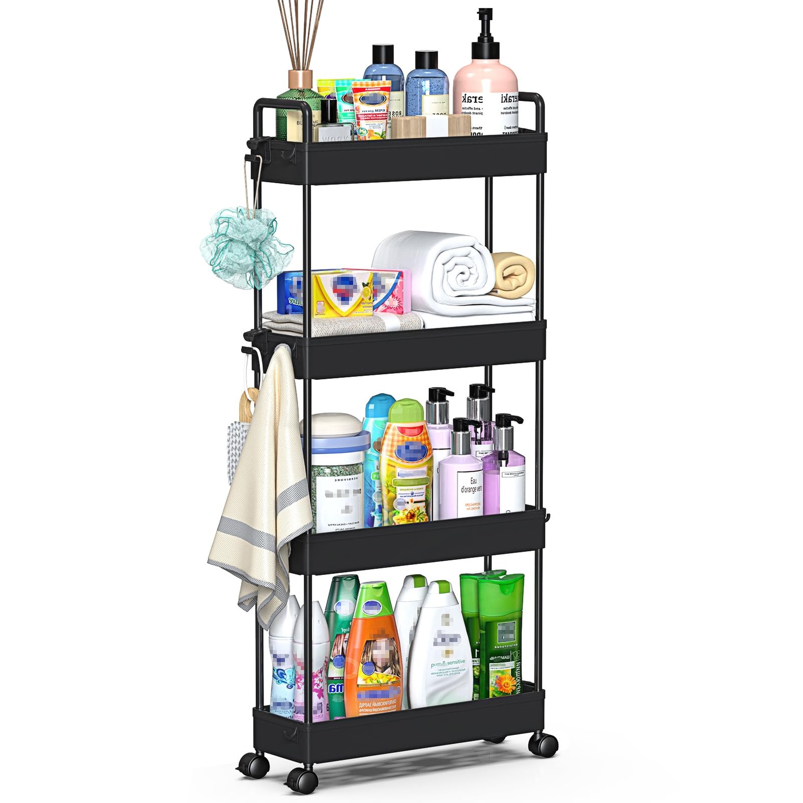SOLEJAZZ Slim Rolling Storage Cart with Wheels 4 Tier 4-Tier, 4.76"D, Black