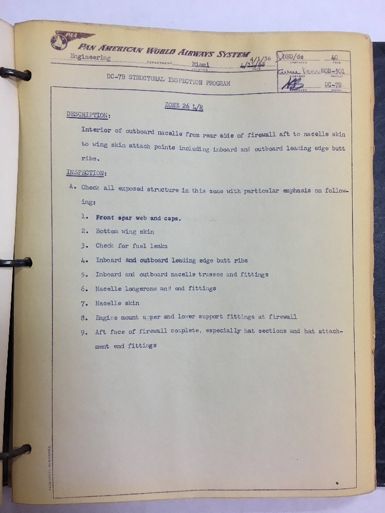 Douglas DC7B Original Structural Inspection Program Pan American World Airways