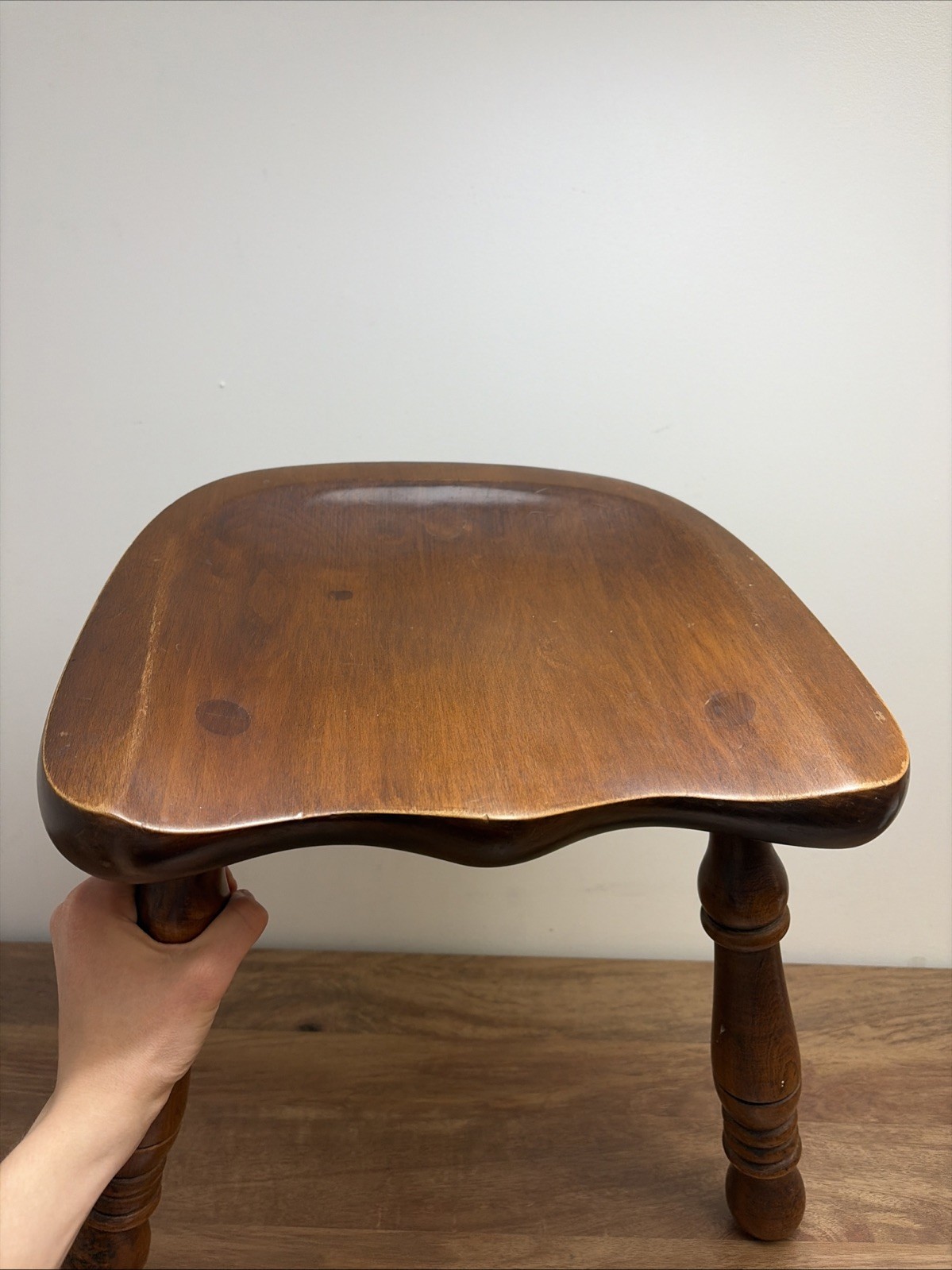 Vintage 3 Leg Maple Milking Stool #R82A Solid Wood Butt Or Saddle Seat Stool