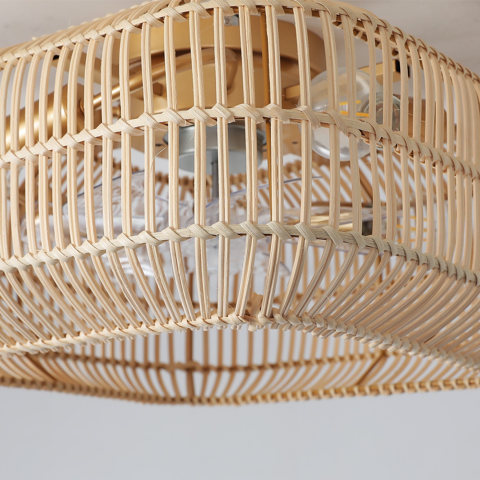 20" Boho Ceiling Fan with Light, Rattan Caged Flush Mount Ceiling Fan