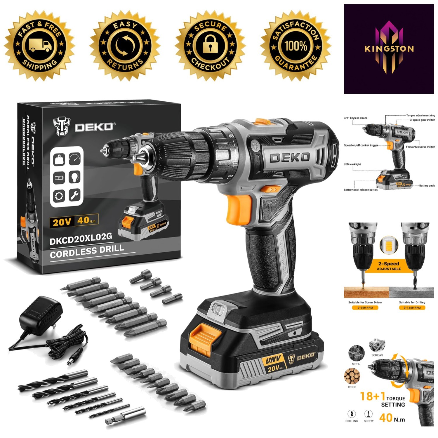 Electric Cordless Drill with Battery & Charger - 2-Speed, 18+1 Torque Settings